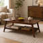Table basse rectangulaire en hévéa massif avec tablette de rangement inférieure, style moderne du milieu du siècle, pieds inclinés, couleur noyer brun