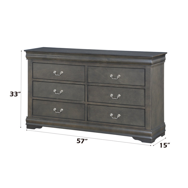 Commode de chambre double 57 po à 6 tiroirs de 57 po (miroir non inclus), Gris foncé