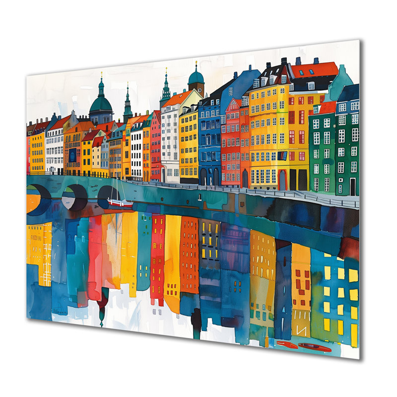 Jaune et vert, paysage du canal de Copenhague I - décoration murale de Copenhague, H 30 po x l 40 po x P 1,5 po, Métal métal