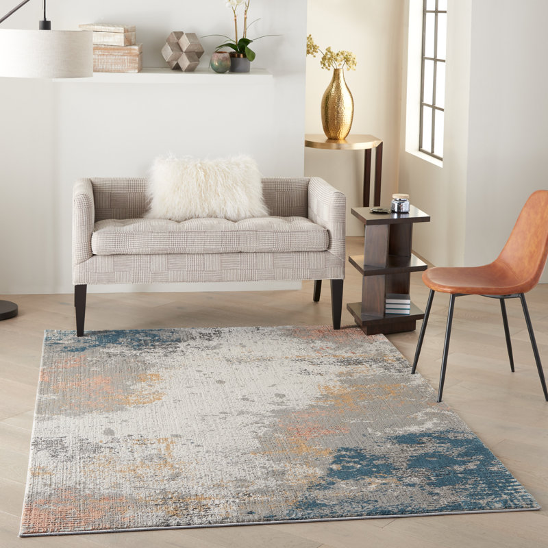 Tapis abstrait gris / bleu / ivoire, Rectangle 6 pi x 9 pi