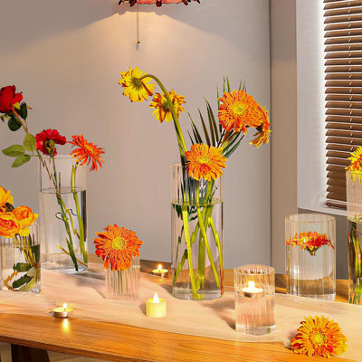 Paquet de 16 vases cylindriques en verre côtelé grand vase à fleurs transparent ouragan flottant pour centre de table décoration de mariage