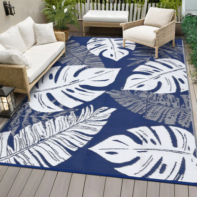 Waterproof Outdoor Rug 8x10ft, Reversible Plastic Straw Patio Mat, Modern Palm Leaf Design, UV Resistant, Collapsible, Durable Carpet for RV, Picnic, Camping, Deck – Navy Blue