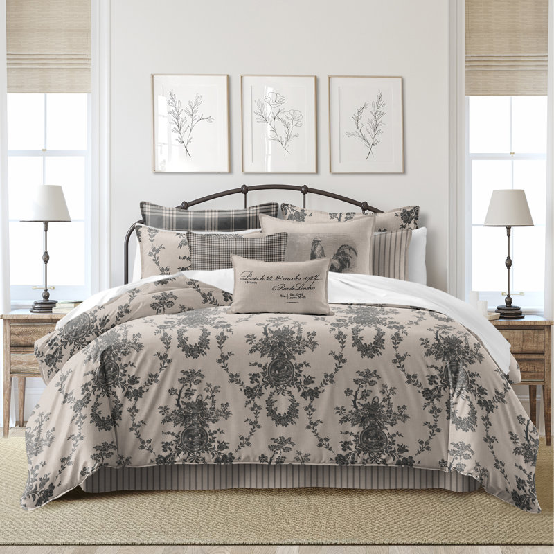 Country Lane Toile Ebony Cotton Duvet Cover Set  8 Piece, California King Duvet Cover + 7 Additional Pieces