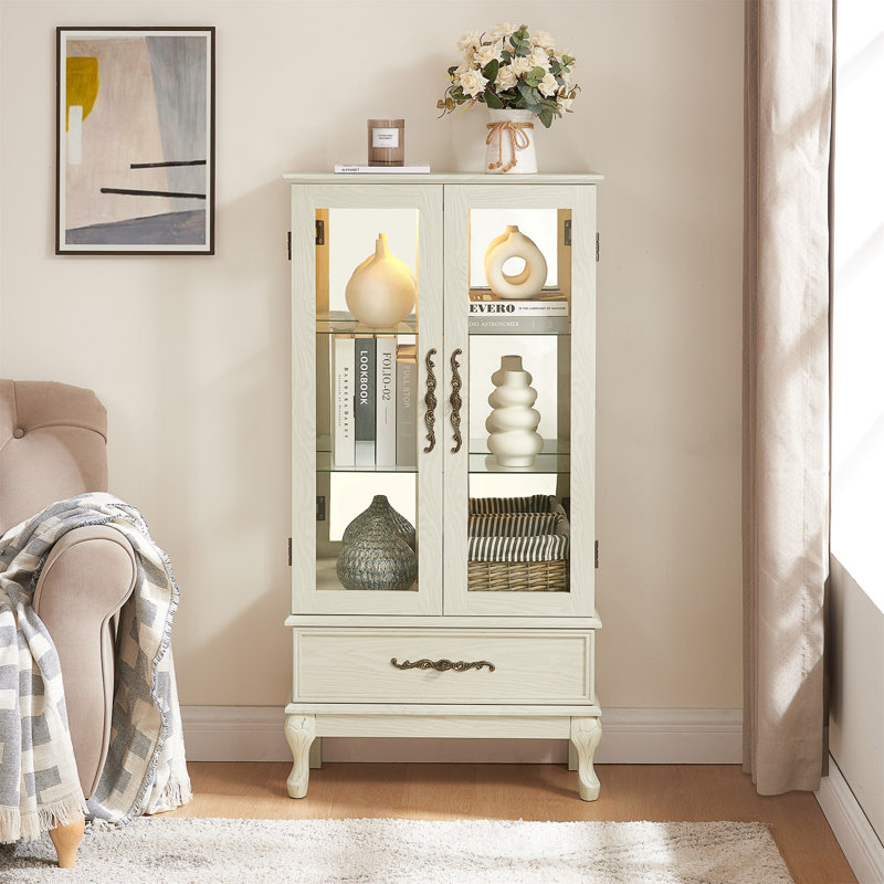 Antique White Lighted Glass Curio Cabinet with Adjustable Shelves