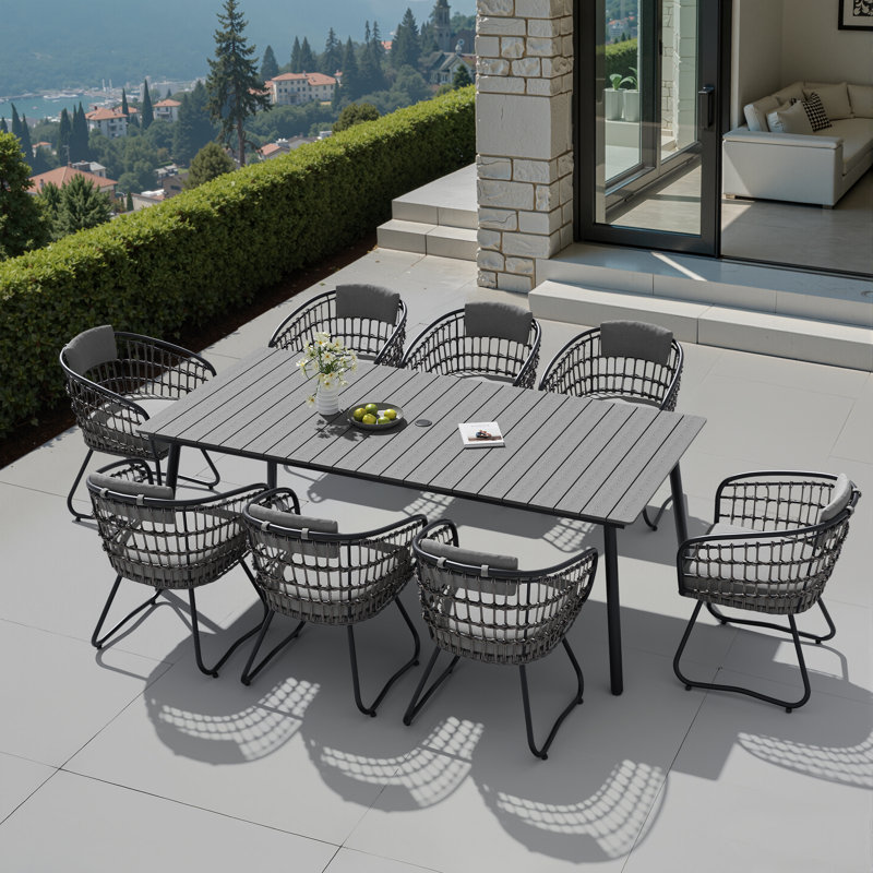 8 - Person Metal Patio Dining Set With Removable Cushions And Umbrella Hole, Gray Cushion/Dark Gray Table Top