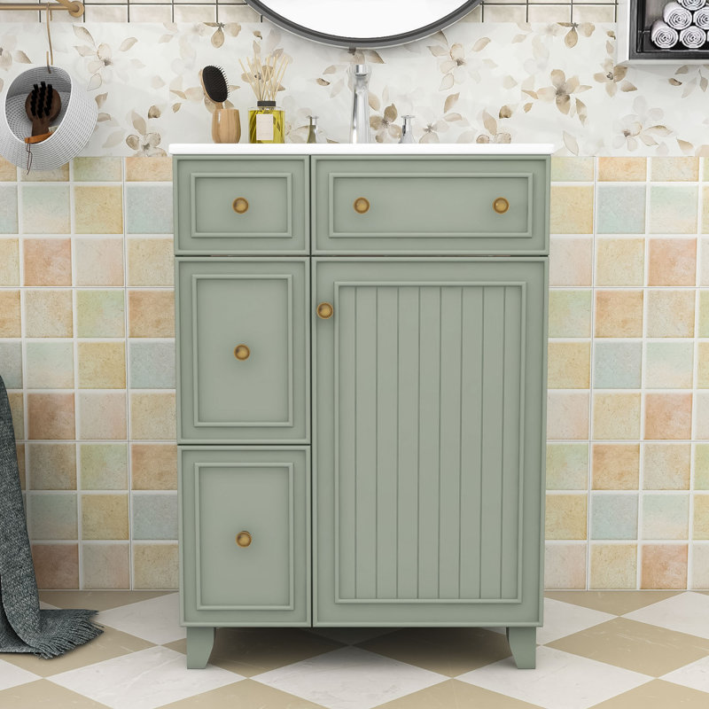 Compact 24-Inch Bathroom Vanity Cabinet with Ceramic Sink, Green, Gold