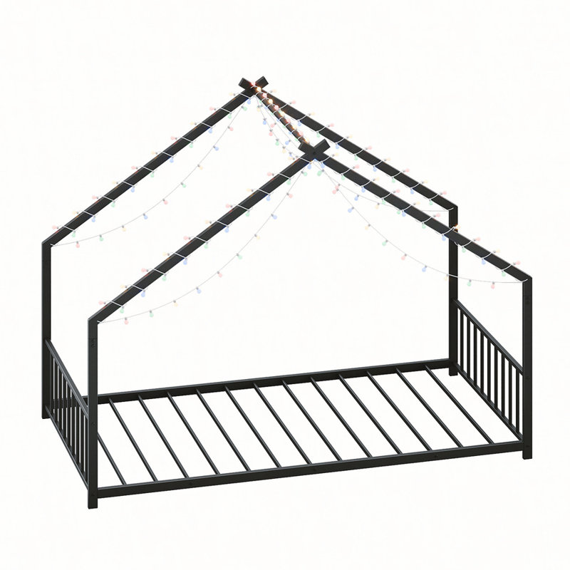 Children's Bed Frame with LED Light Strips, Sturdy Roof-Shaped Iron Frame for Safe and Fun Sleeping, Black, Twin