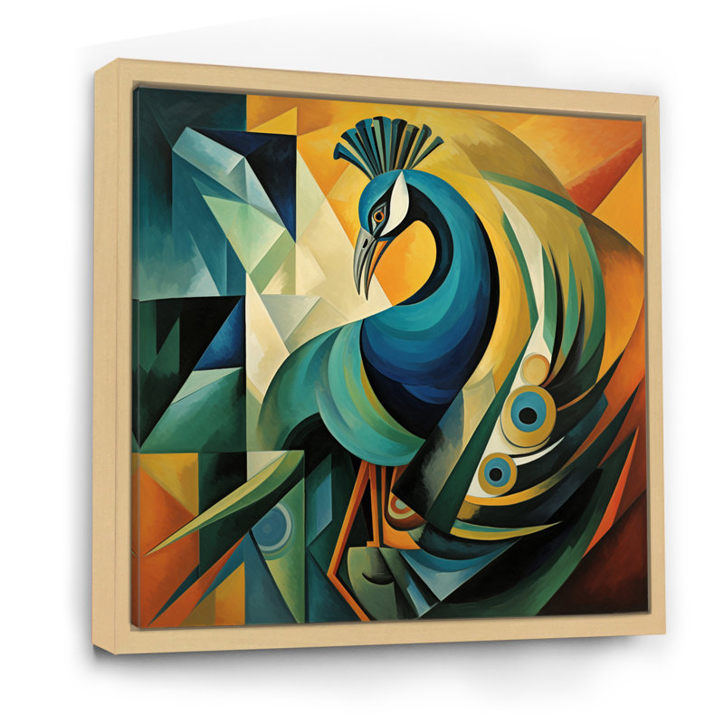 «Green Blue Peacock Cubist» sur impression sur toile, H 16 po x l 16 po, Cadre naturel flottant