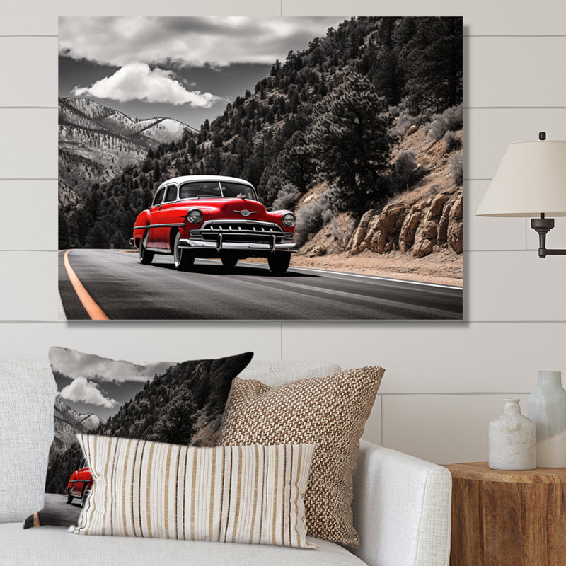 «Red Classic Car Vintage Drive - Transport», art mural sur toile, H 16 po x l 32 po x P 1 po, Toile tendue