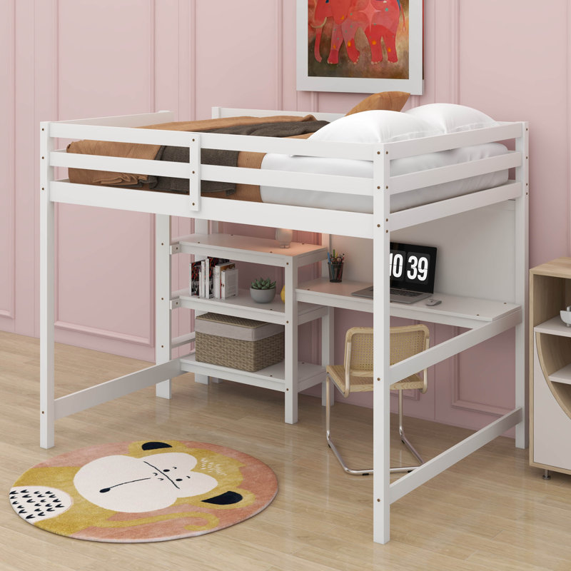 Full Size Wooden Loft Bed With Shelves, Desk And Writing Board, Full, White