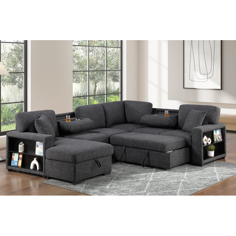 U-Shaped Sectional Sofa Bed Pull Out Sleeper Couch With Storage Chaise, Dark Gray