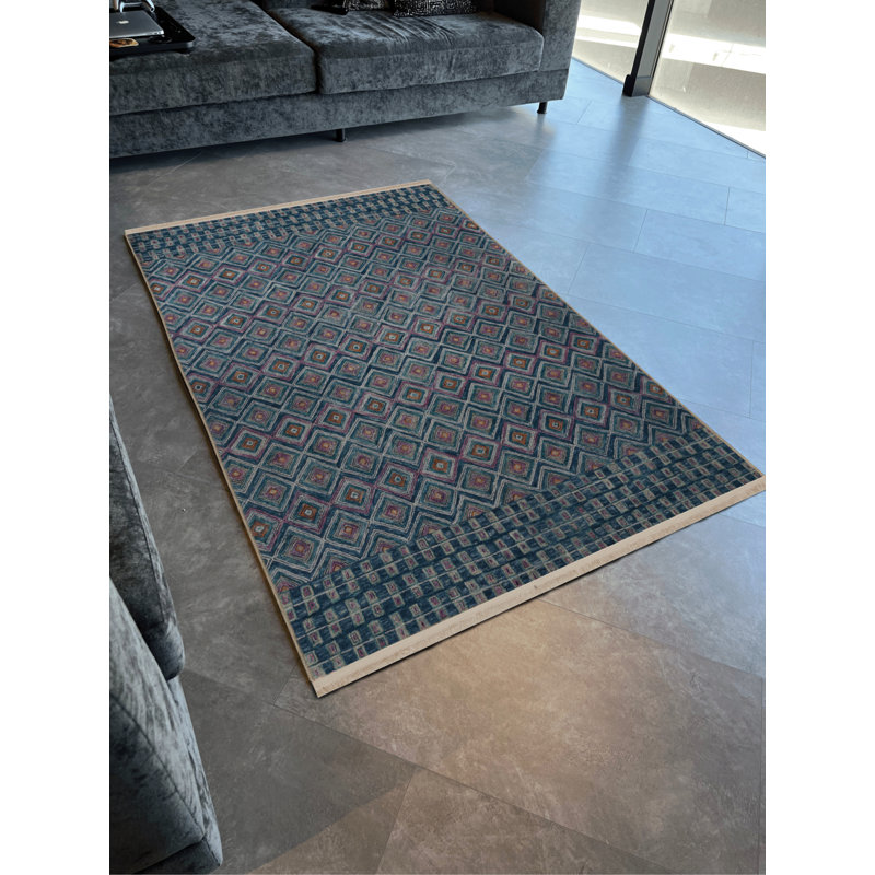 Tapis décoratif bleu à motif géométrique multicolore, Tapis de couloir 2 pi 8 po x 6 pi 7 po