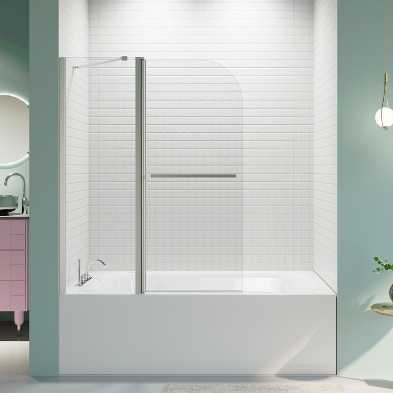 43 In. W * 58 In. H Frameless Folding Shower Doors For Bathtub, 1/4" (6Mm) Thick SGCC Tempered Glass Door, Bathroom Pivot Tub Glass Door, Chrome