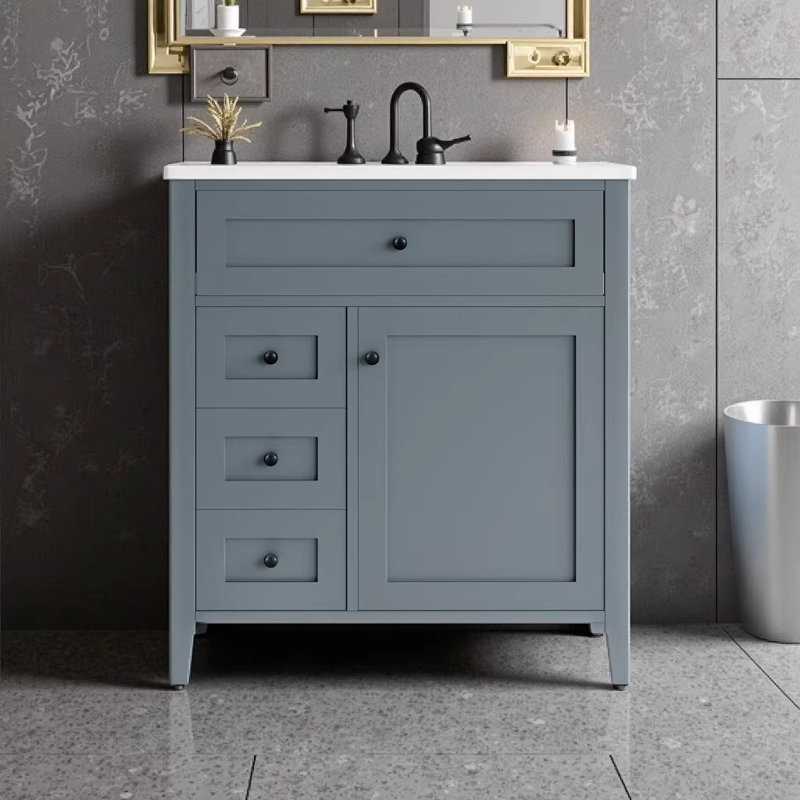 Meuble-lavabo de 30 po avec lavabo, meuble-lavabo moderne en bois d'hévéa avec 3 tiroirs et tablette réglable, rangement autoportant pour salle de bain
