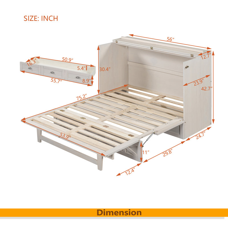 Murphy Bed With Large Drawers, Brushed White, Full