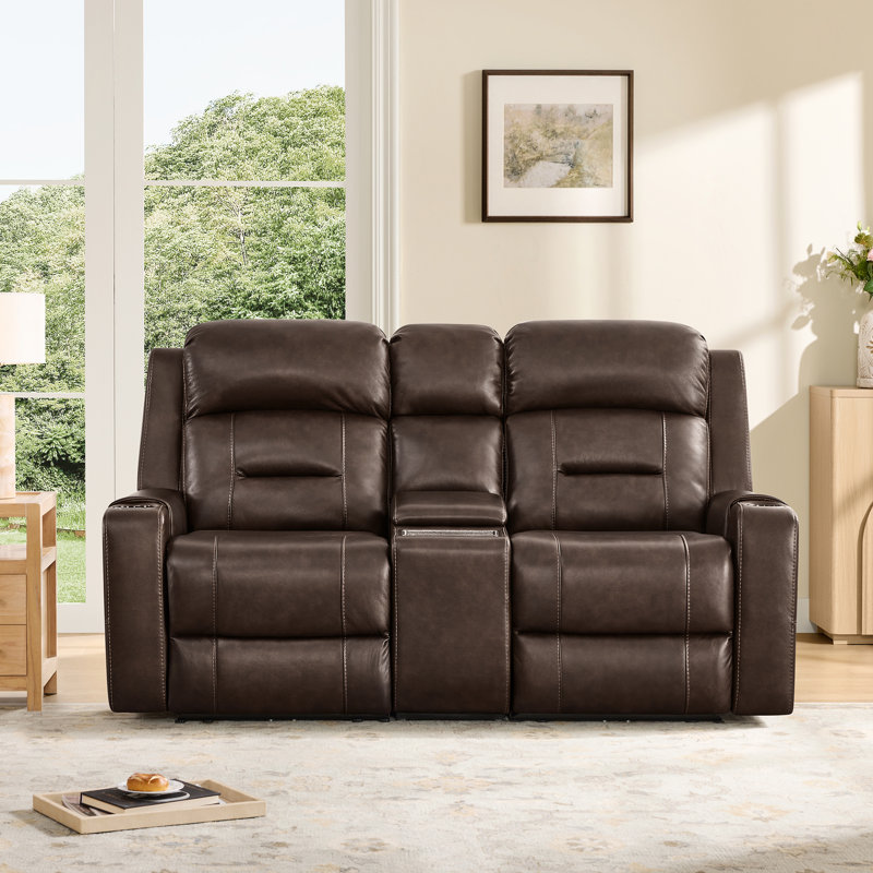 Olathe Genuine Leather Dual Motor Power Reclining Lay Flat Sofa With Power Headrest, Brown