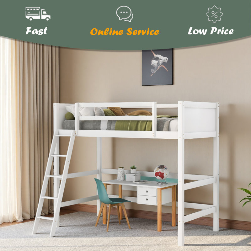 Lit mezzanine simple en bois massif avec échelle, Blanc