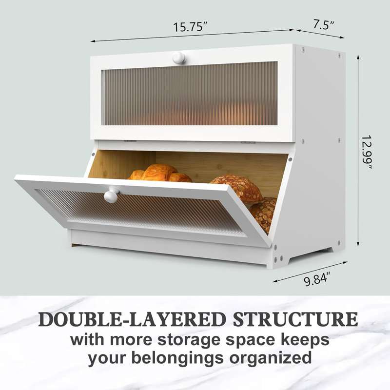 White Double Layer Bamboo Bread Box with Frosted Glass