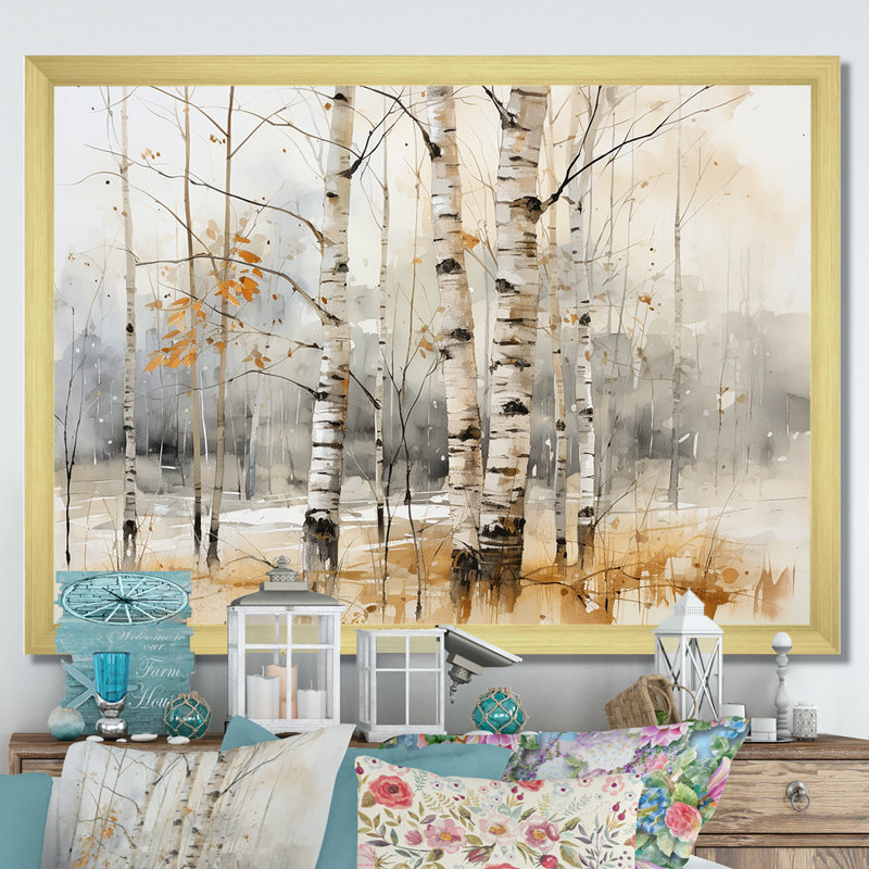 «Winter Birch Wood Forest I - Tree Birch», art mural, Cadre doré à coins fermés, H 24 po x l 32 po x P 1 po