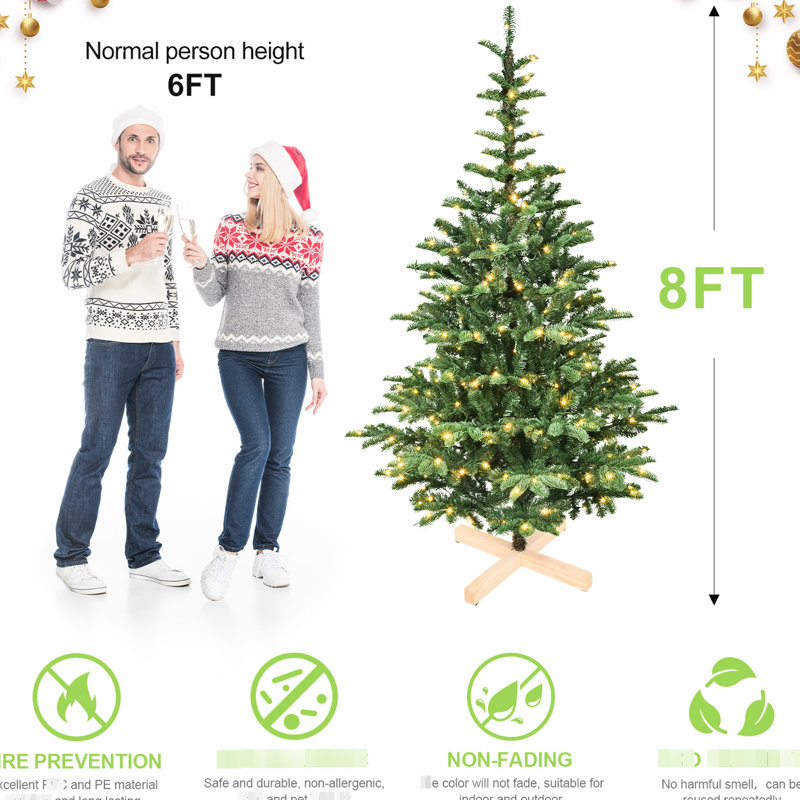Arbre de vacances de 8 pi avec 500 lumières blanches chaudes, 1307 pointes de branches réalistes, support en bois décoratif pour la maison, décorations de Noël et décorations de base rustiques