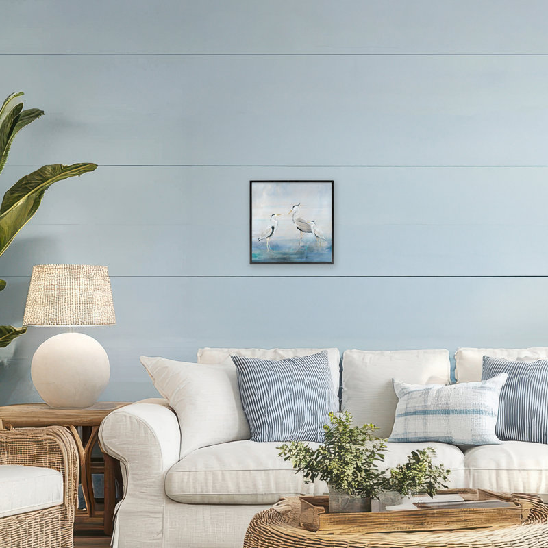 Giclée encadrée de la famille Coastal Heron, design par Lily K., H 12 po x l 12 po, Giclée encadrée noir minuit