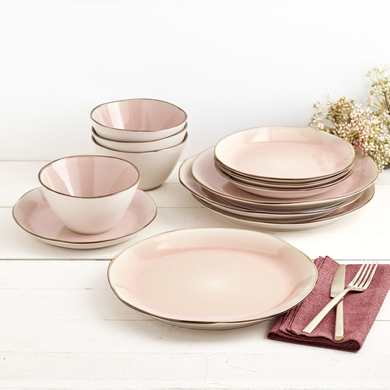 Pink Ceramic 12-Piece Stoneware Bella Dinnerware Set