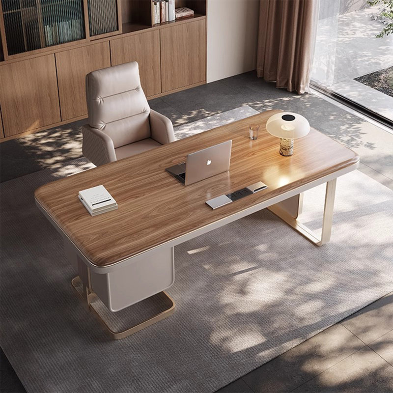 Italian Minimalist Light Walnut High-End Desk with Storage Cabinet, Modern Luxury Home Office Computer Desk, Designer Boss Workstation