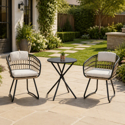 Durable Three Piece Outdoor Bistro Set With Weather Resistant Wicker And Comfortable Cushioned Seating For Patio