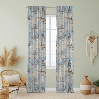 Semi Sheer Beach Print Curtain Single Panel
