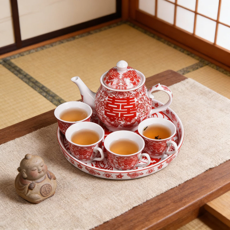 Service à thé pour mariage Double Double Happiness - théière en porcelaine 16 oz avec 4 tasses et plateau