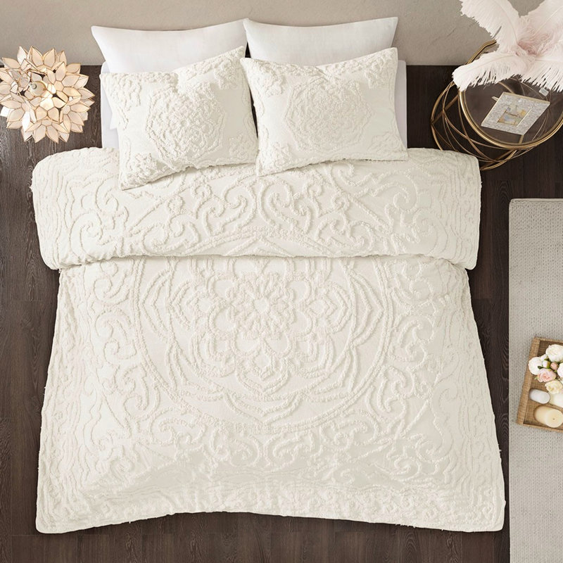 3 édredons en coton - Chenille de style statique tout confort, Édredon grande + 2 pièces supplémentaires, Blanc cassé