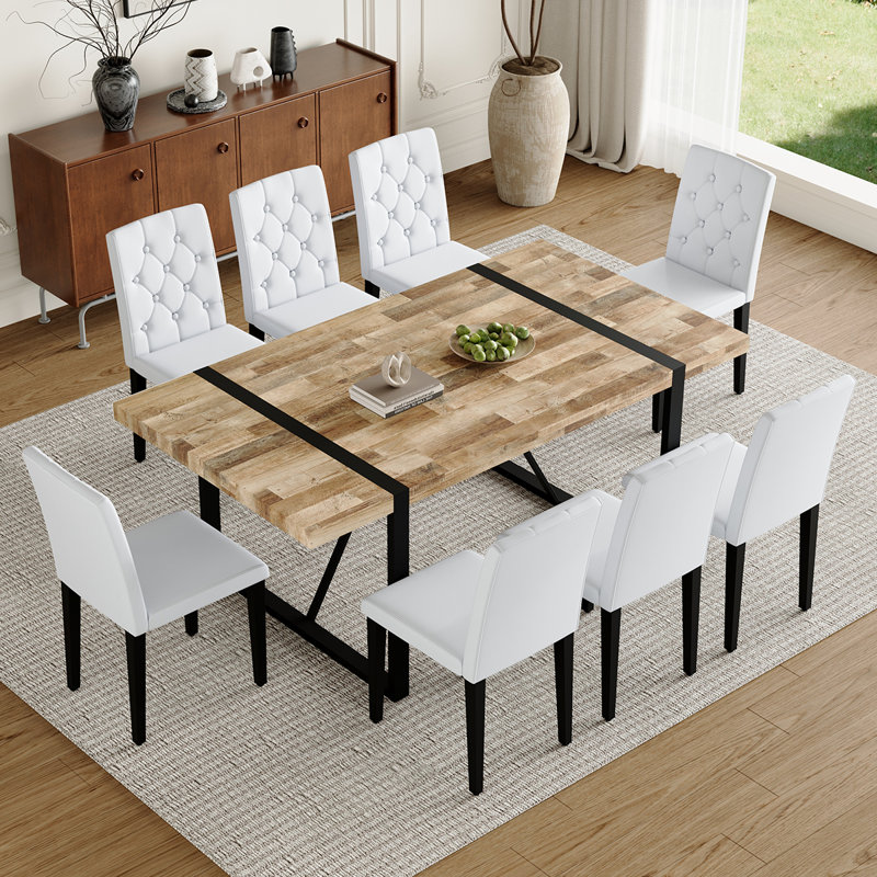 Table de salle à manger moderne pour 8 personnes | Table 71 po en bois et métal avec chaises, Bois foncé, Blanc