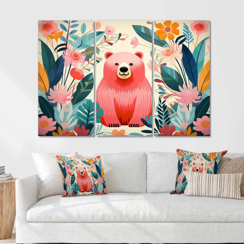 «Pink Tropical Bear Harmony I - Bear 2», art mural, H 40 po x l 61 po, Toile tendue