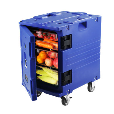 Porte-aliments isotherme, boîte chaude de 82 pte pour la restauration, porte-aliments LLDPE avec boucle une pièce, chauffe-aliments à chargement frontal avec poignées, chargeur d'extrémité avec roues pour restaurant, cantine, etc. Bleu