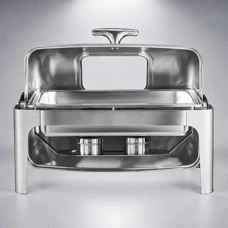 Ensemble de chafing dish rectangulaire de 4 pintes à couvercle roulant avec 2 demi-bacs, en acier inoxydable, idéal pour les buffets et les événements.