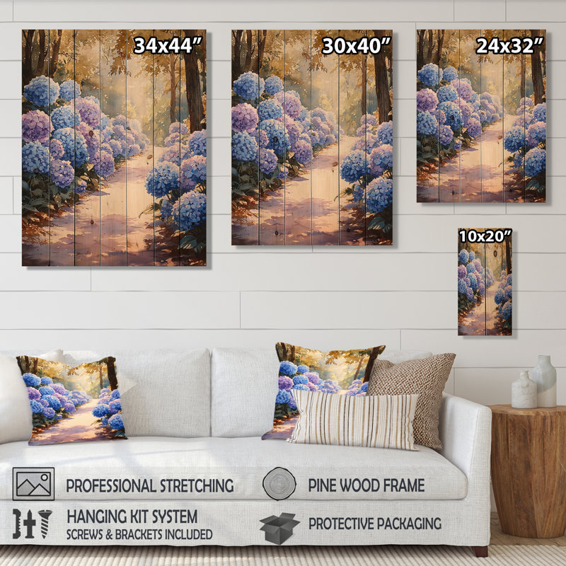 Hortensias dans le chemin du jardin III - Décoration murale en bois d'hortensias - sur bois de pin naturel