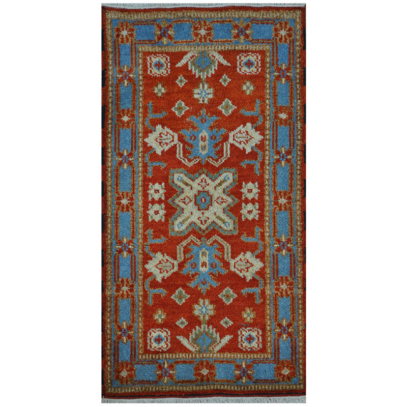 Tapis unique en laine noué à la main rouge / bleu de 2 pi x 4 pi