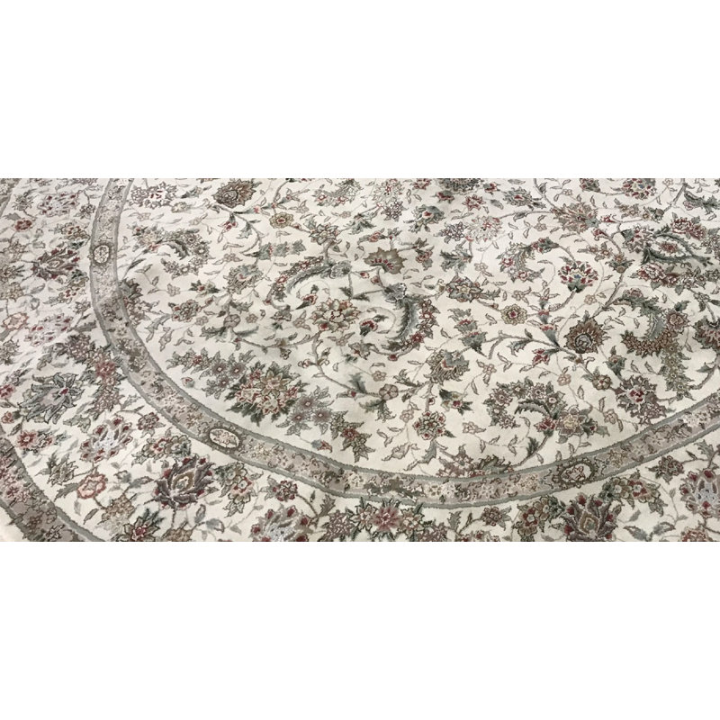 Hand-Knotted High-Quality Ivory, Red, and Brown Round Area Rug