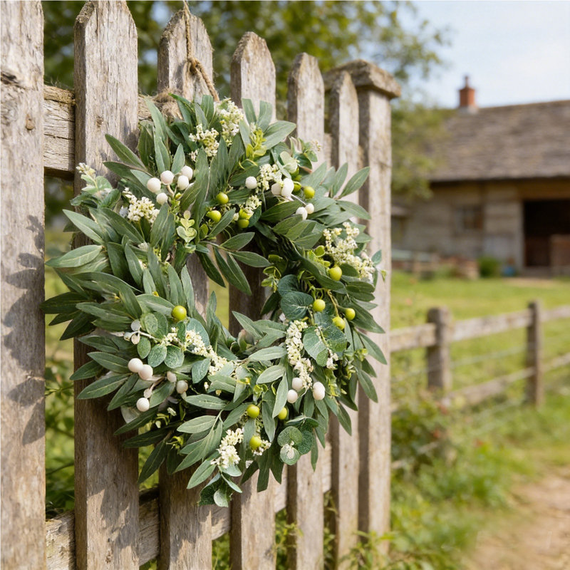 Couronnes pour porte d'entrée avec baies blanches - Couronne de printemps, d'été et d'hiver réaliste pour porche de ferme, fenêtre, décoration de porte