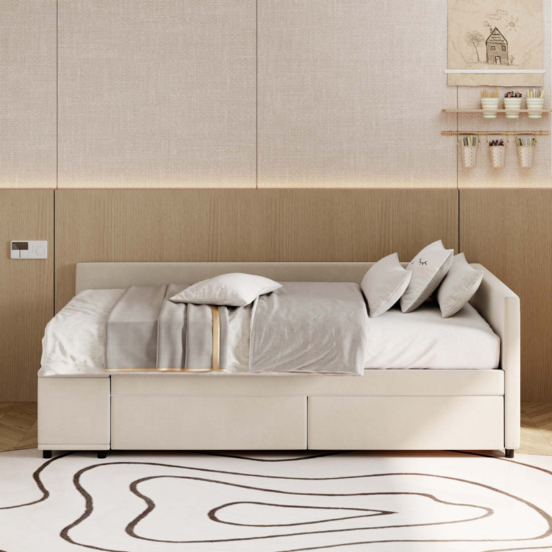 Lit plateforme simple tapissier en forme de L avec rangement et tiroirs, Beige