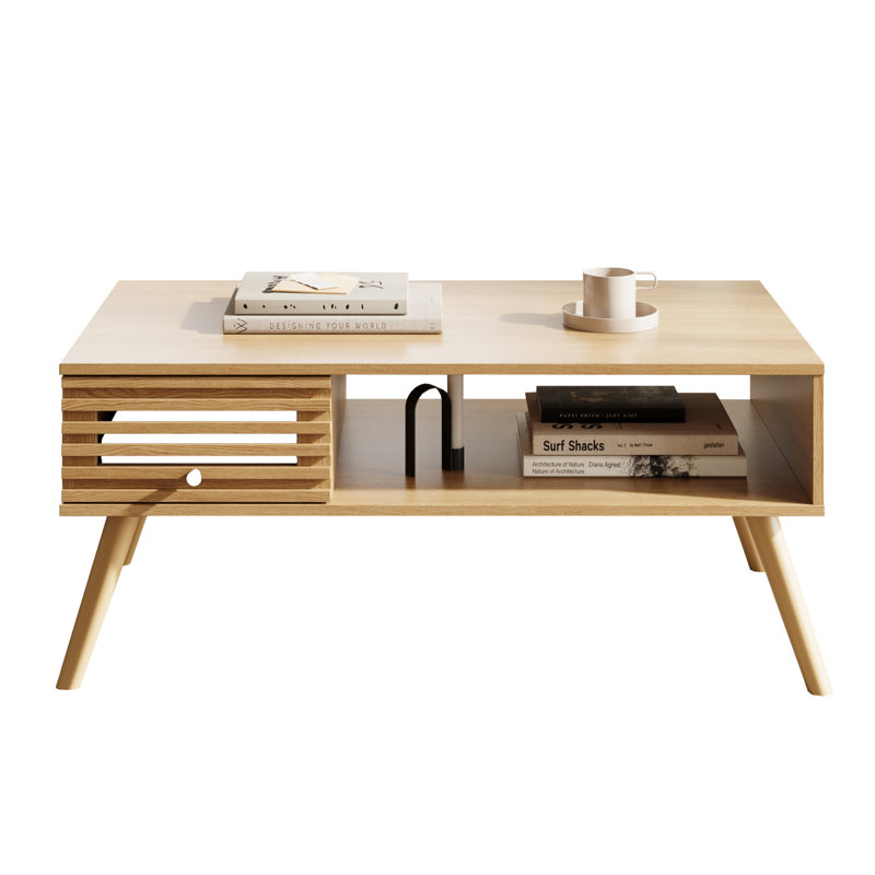 Table basse, table moderne de style Mid-Century avec rangement, table centrale de salon avec tiroir à lattes, table basse en bois cannelé avec tablette ouverte pour le salon, chêne