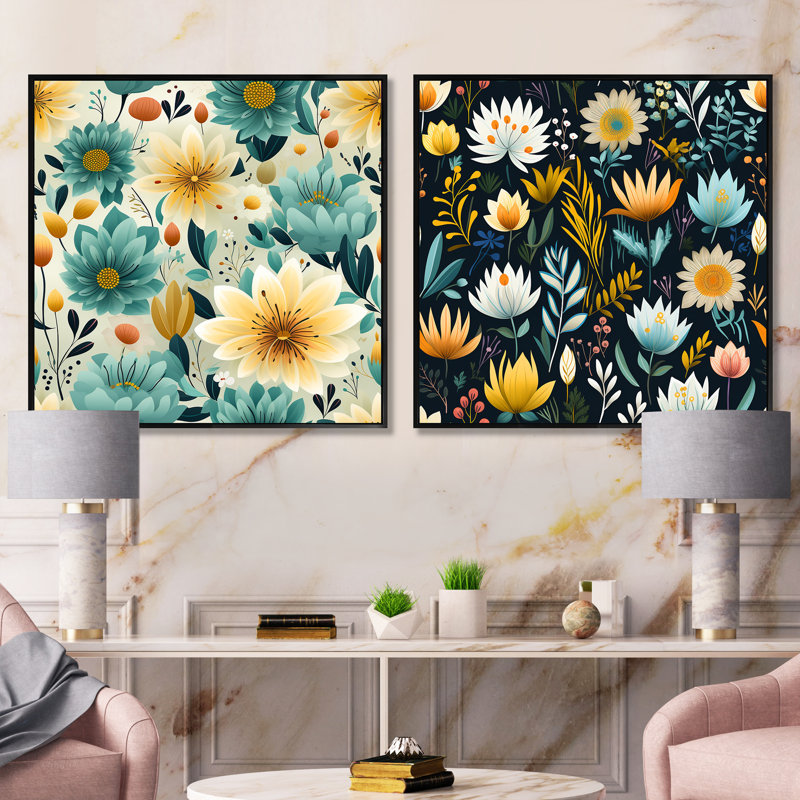 Mindfulness Sanctuary Mediation - Ensemble de 2 collages carrés botaniques abstraits, Cadre flottant noir, H 16 po x l 33 po