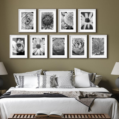 Framed Wall Art Collage Print Gallery Set, Black White Dark Flower Variety Nature Wilderness Photography Modern Art Minimal Bohemian Ultra for Living Room, Office, Bedroom - 11"x14"x 9 White