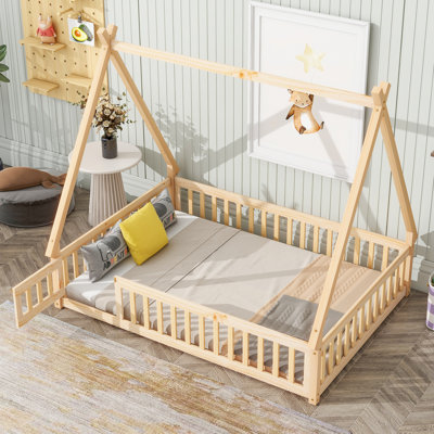 Lit double pleine grandeur en forme de tente avec garde-corps, porte et plateforme à lattes - Lit pour enfant en bois de pin, naturel