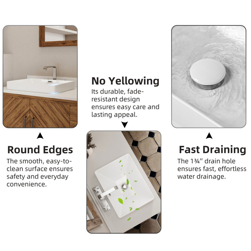 Los Flexi White Rectangular Semi-Recessed Vessel Bathroom Sink with Overflow, 6.5" H x 12.99" W x 16.93" D