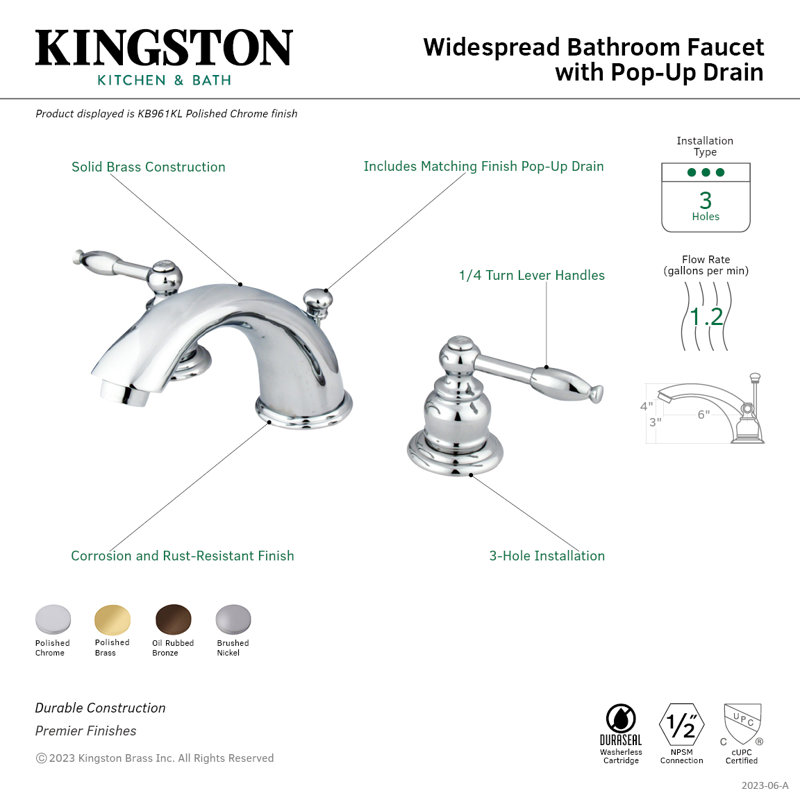 Kingston Brass Magellan Two-Handle 3-Hole Deck Mount Widespread Bathroom Faucet with Retail Pop-Up Drain, Polished Brass