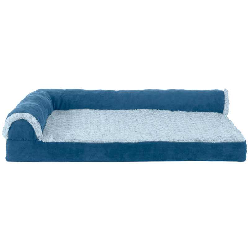 Two Tone Faux Fur & Suede Deluxe L-Chaise Memory Foam Pet Bed, Medium (36" W x 27" D x 6.5" H), Blue