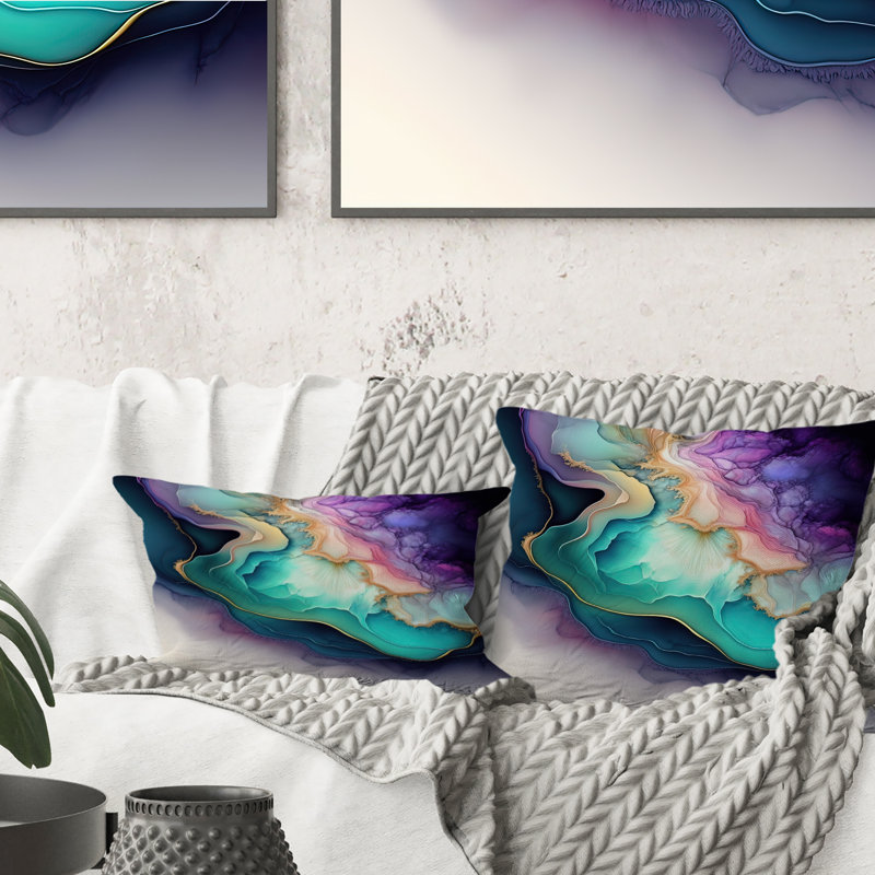 Coussin décoratif à imprimé géométrique abstrait bleu et mauve