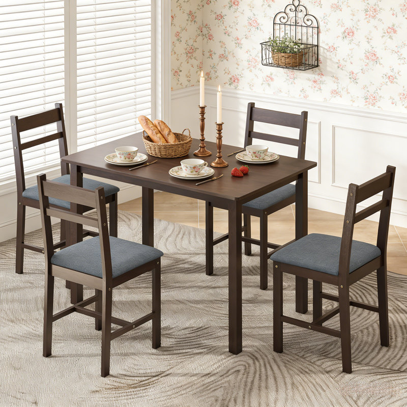 5-Piece Rectangular Rubberwood Dining Table Set in Gray and Walnut