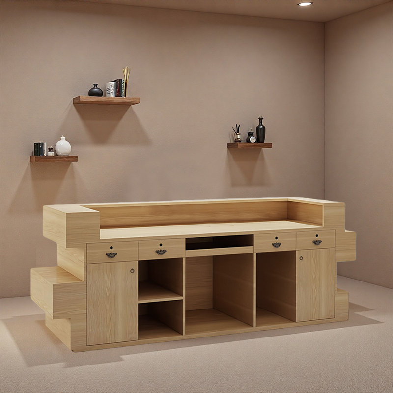 Comptoir de vente au détail moderne avec rangement - Bureau d'accueil multifonctionnel au design unique